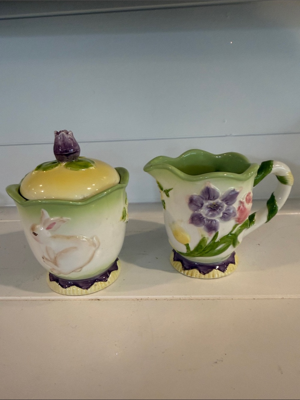 GANZ Floral Bunny Creamer and Sugar Set in Green, Purple, Yellow